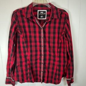 Bob Timberlake Western Cowgirl Red & Black Plaid Button Up Blouse Country sz L